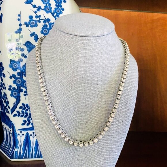 Elegant Rhinestone Tennis Necklace Silver Tone Sparkly 19” Bridal or Evening Jew - Picture 7 of 9